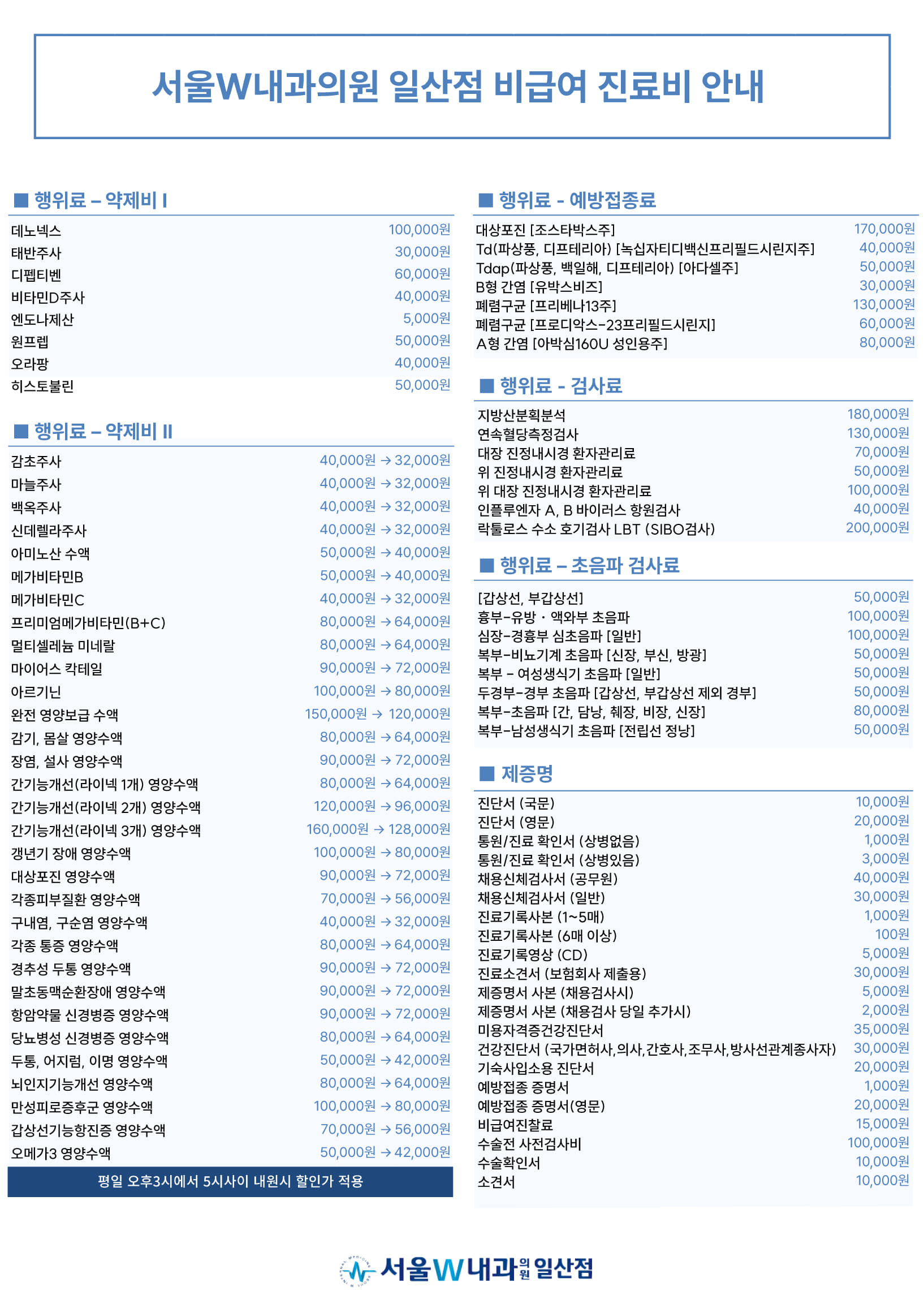 서울W내과 일산점 비급여 진료비 안내: 약제비, 예방접종료, 검사료, 초음파 검사료와 제증명 비용